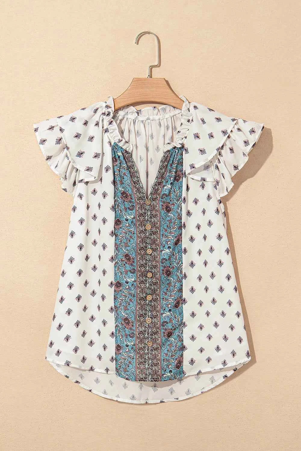 Boho Pattern Tiered Ruffled Sleeve V Neck Buttoned Blouse