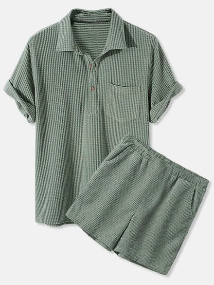 Men's Full Size Button Detail Short Sleeve Top and Shorts Set Plus Size