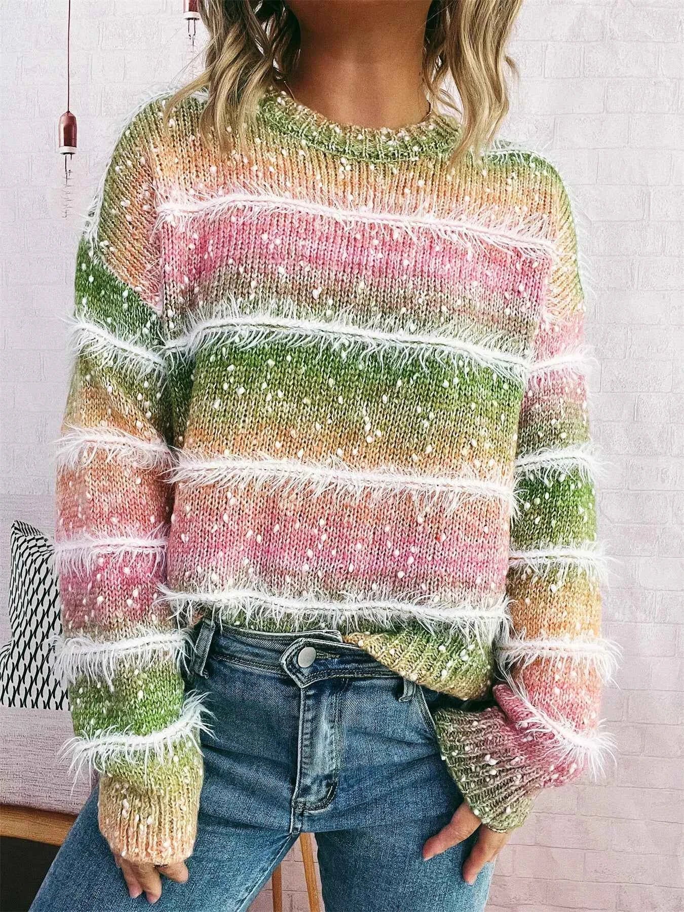 Gradient Striped Round Neck Sweater