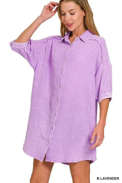 Zenana Washed Double Gauze Button Down Shirt Dress