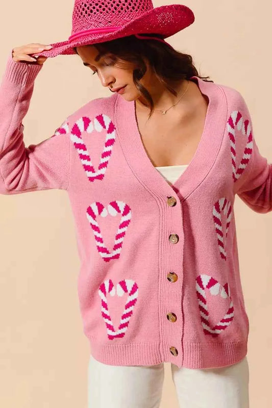 SO ME Christmas Candy Cane Button Front Sweater Cardigan