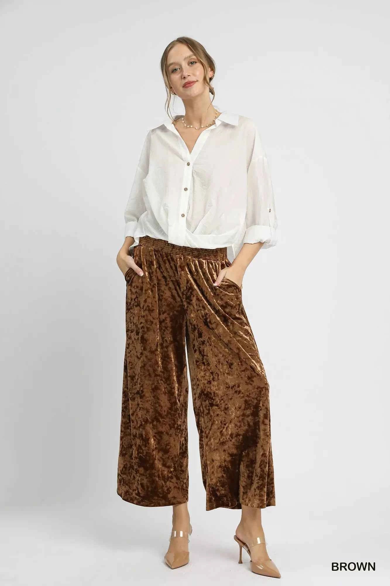 Umgee Velvet Smocked Waistband Wide Leg Pants
