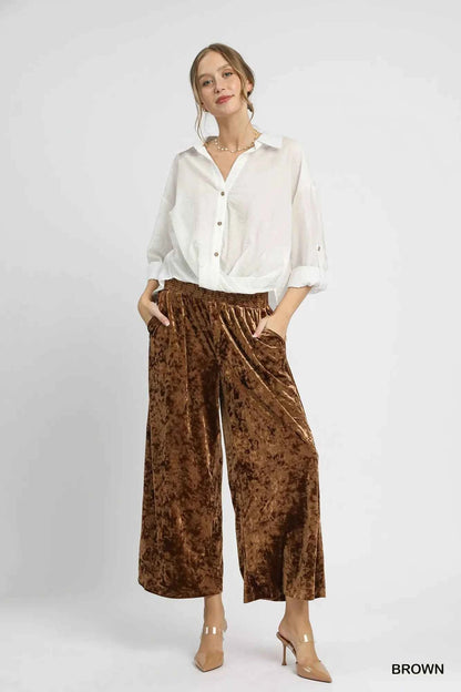 Umgee Velvet Smocked Waistband Wide Leg Pants