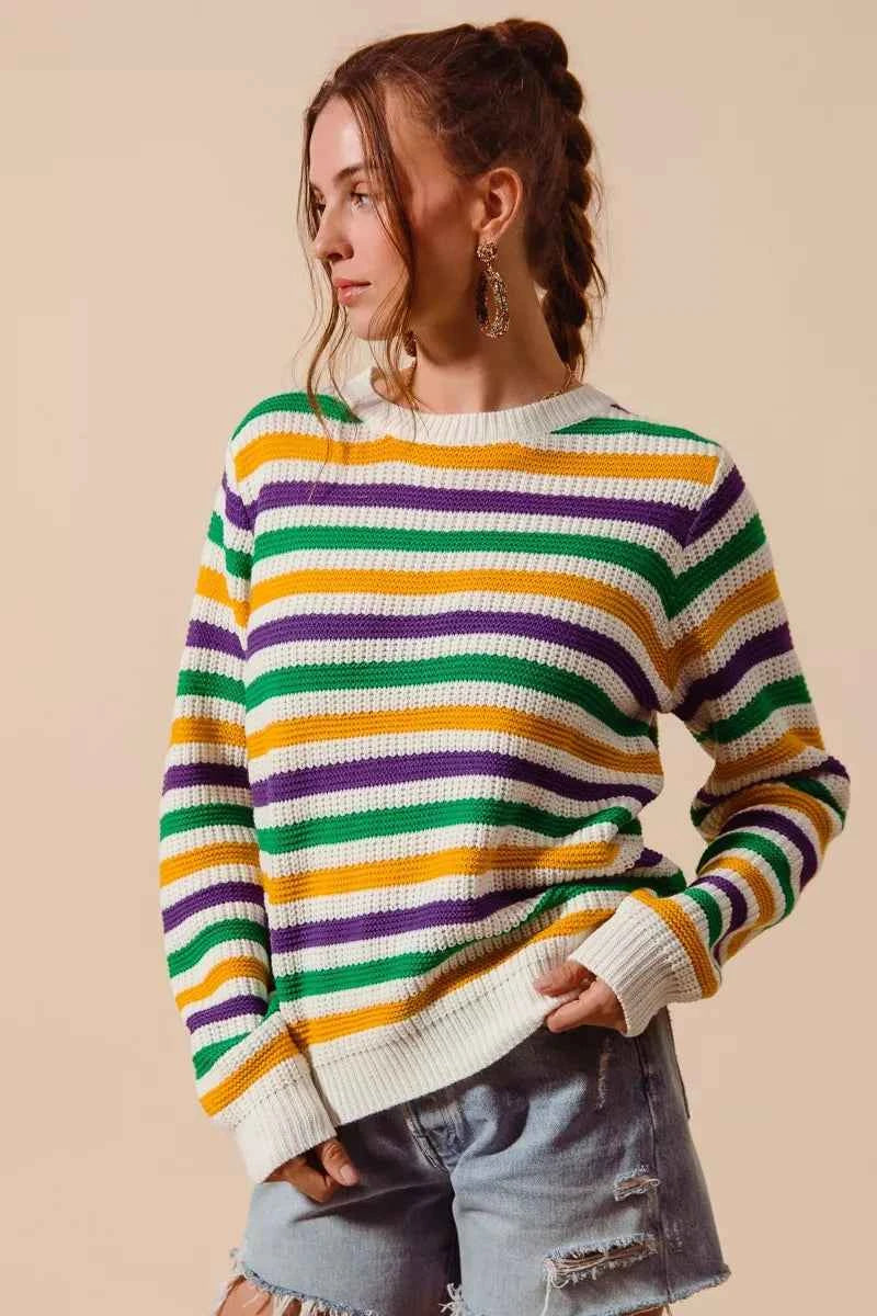 SO ME Mardi Gras Color Stripe Knit Sweater Top