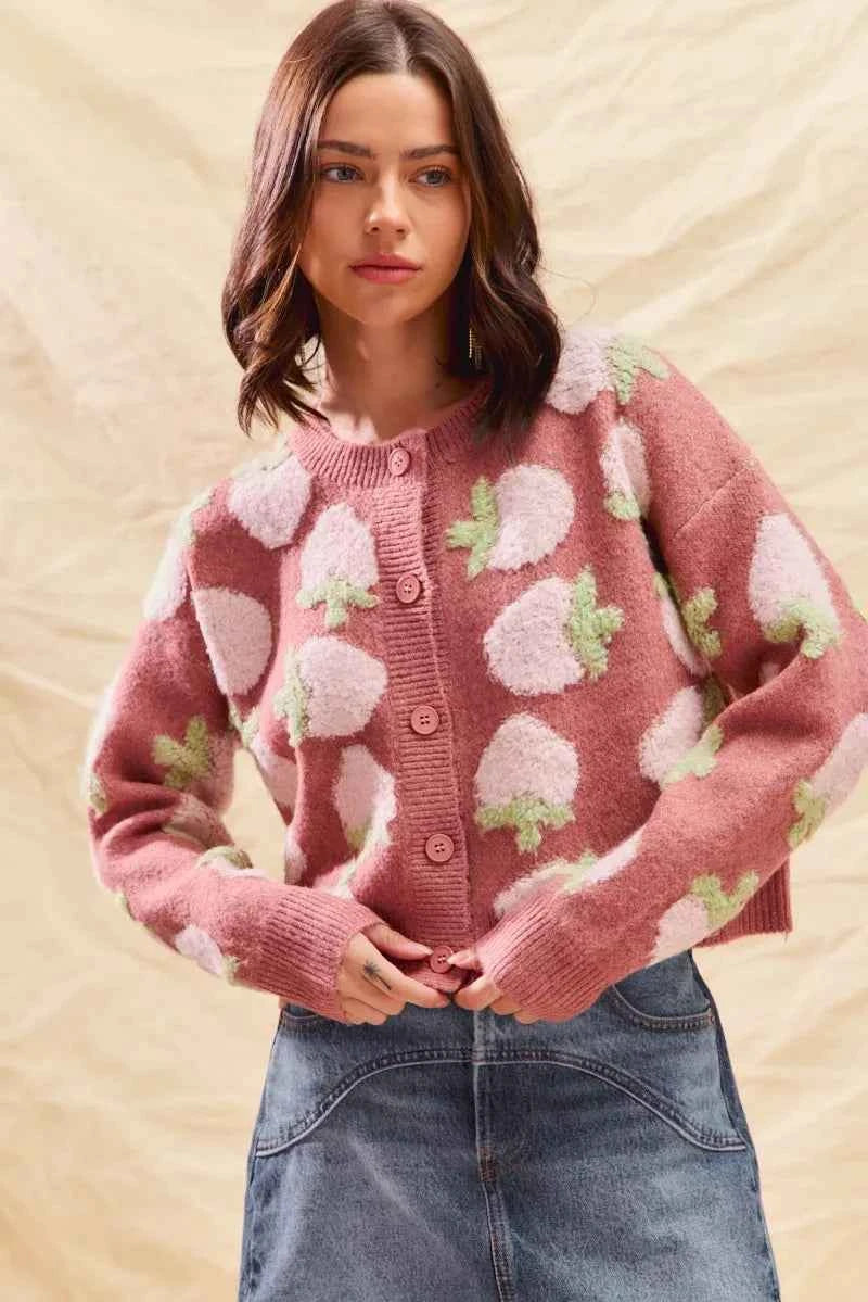 SO ME Strawberry Fruit All Over Button Sweater Cardigan
