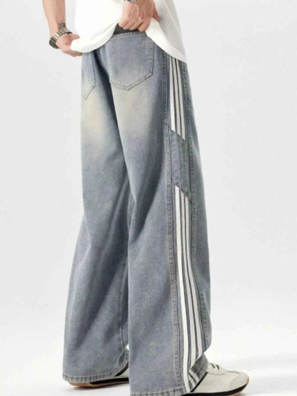 Men's Plus Size Washed Side Stripe Wide Leg Jeans