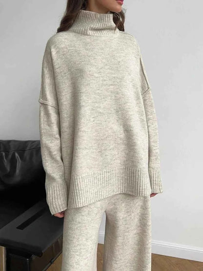 Slit Turtleneck Long Sleeve Top and Pants Sweater Set