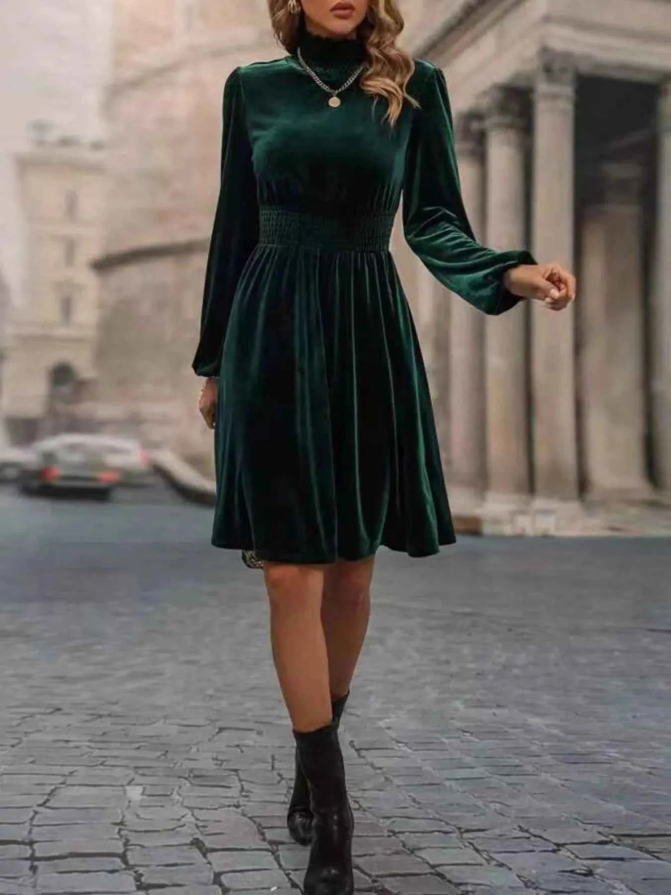 Velvet High Neck Long Sleeve A-Line Dress