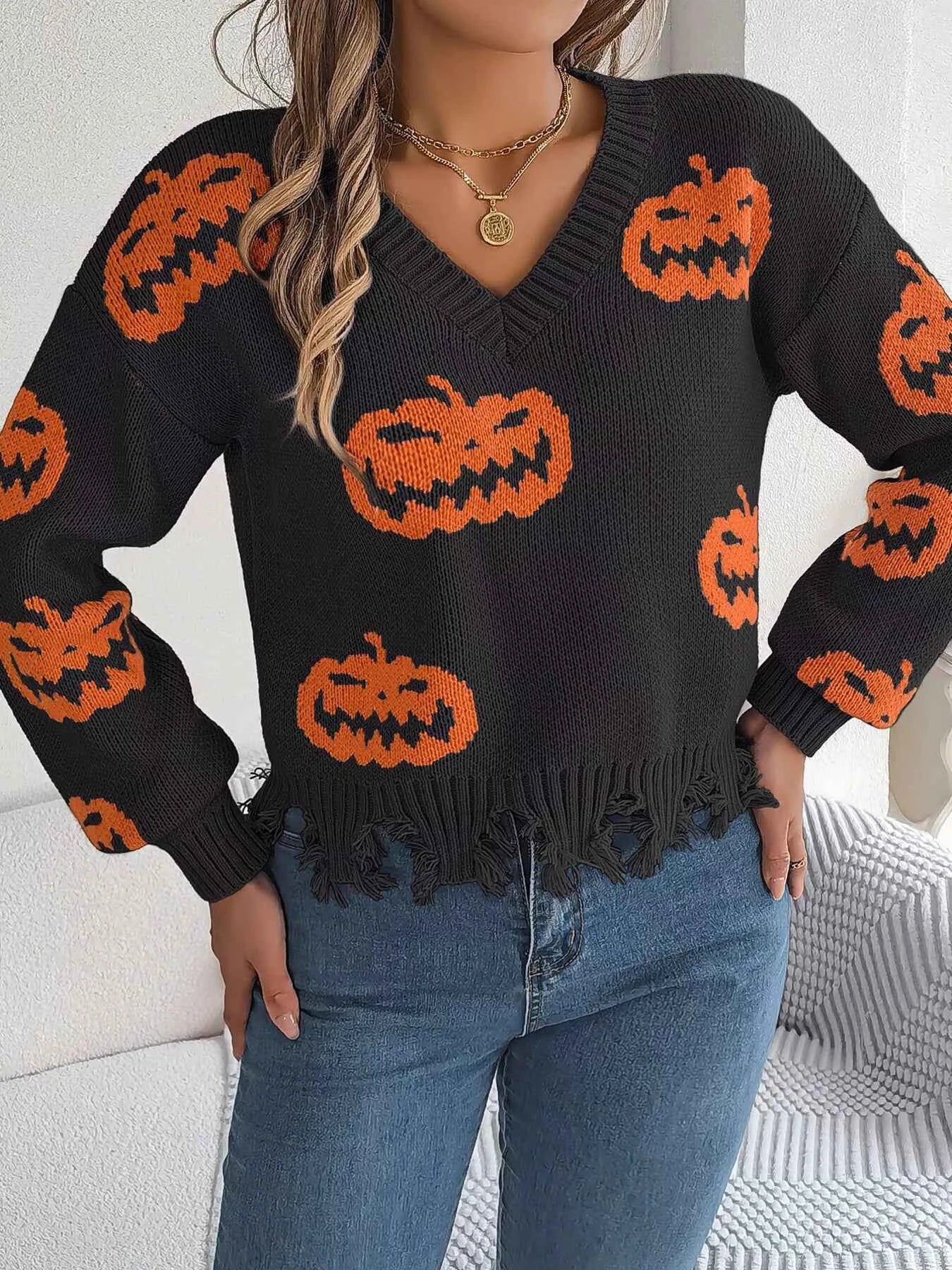 Halloween Pumpkin Pattern Raw Hem V-Neck Sweater