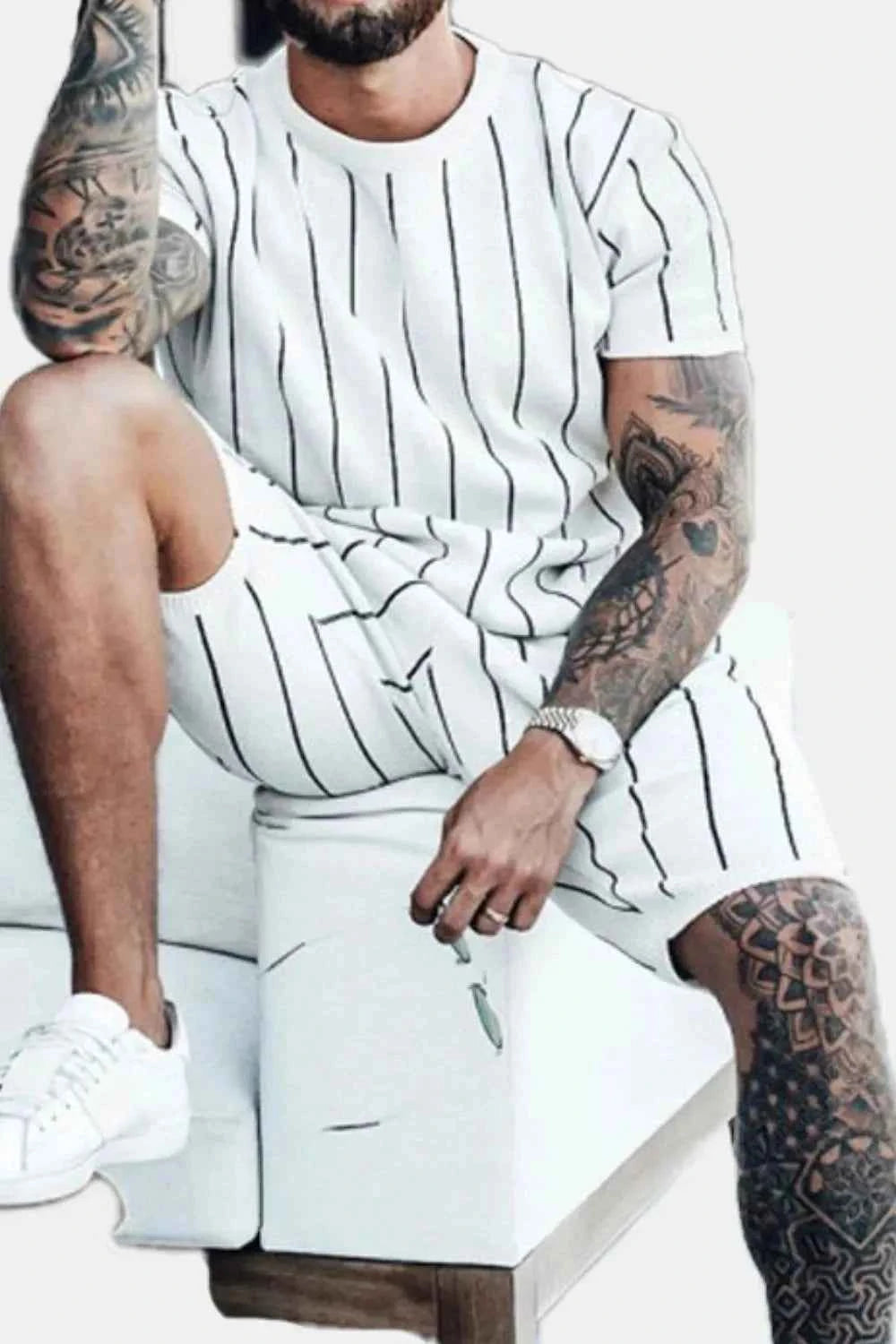 Men's Full Size Striped Casual Top and Shorts Summer Set Plus Size
