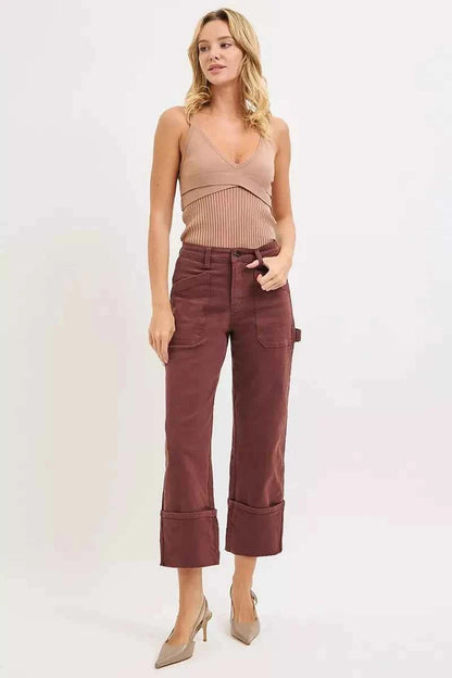 RISEN Full Size High Rise Wide Straight Cuffed Patch Jeans Plus Size