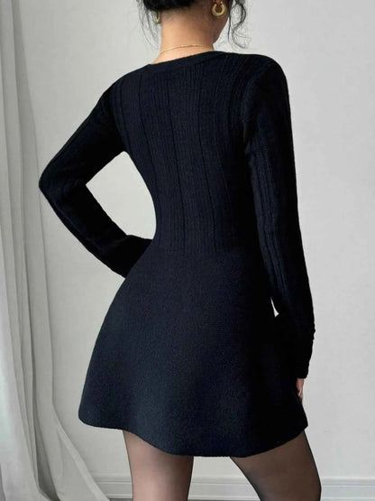 Button-Front V-Neck Knit Dress