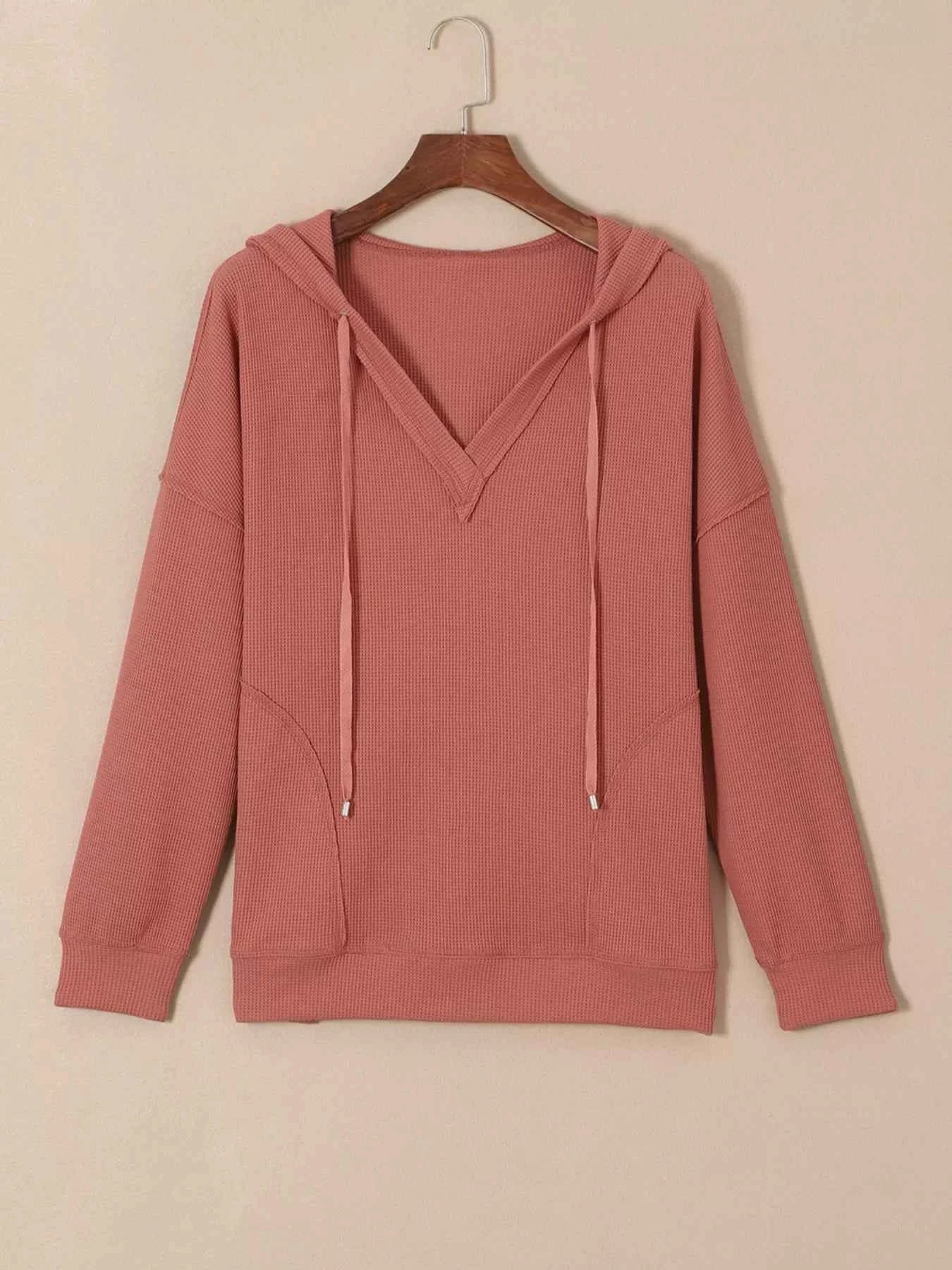 Drawstring V-Neck Waffle Knit Casual Hoodie