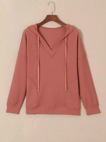 Drawstring V-Neck Waffle Knit Casual Hoodie