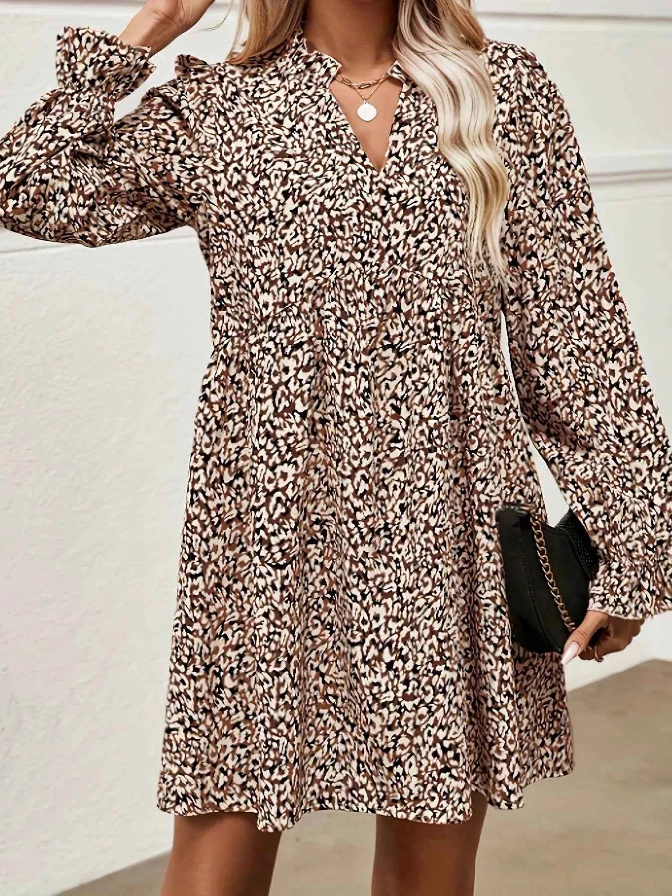 Notched Flounce Sleeve Mini Dress