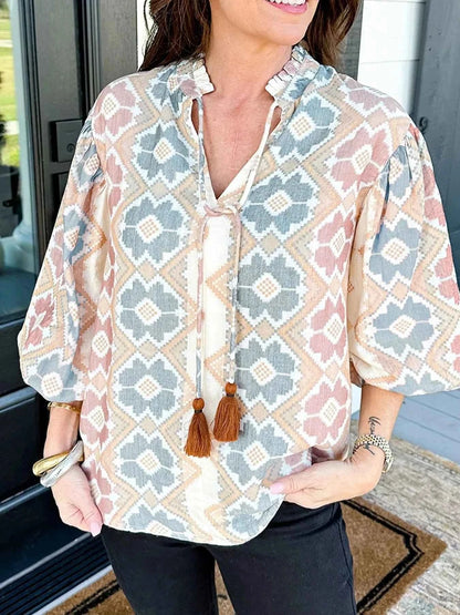 Bohemian Geometric Print Blouse with Tassel Tie