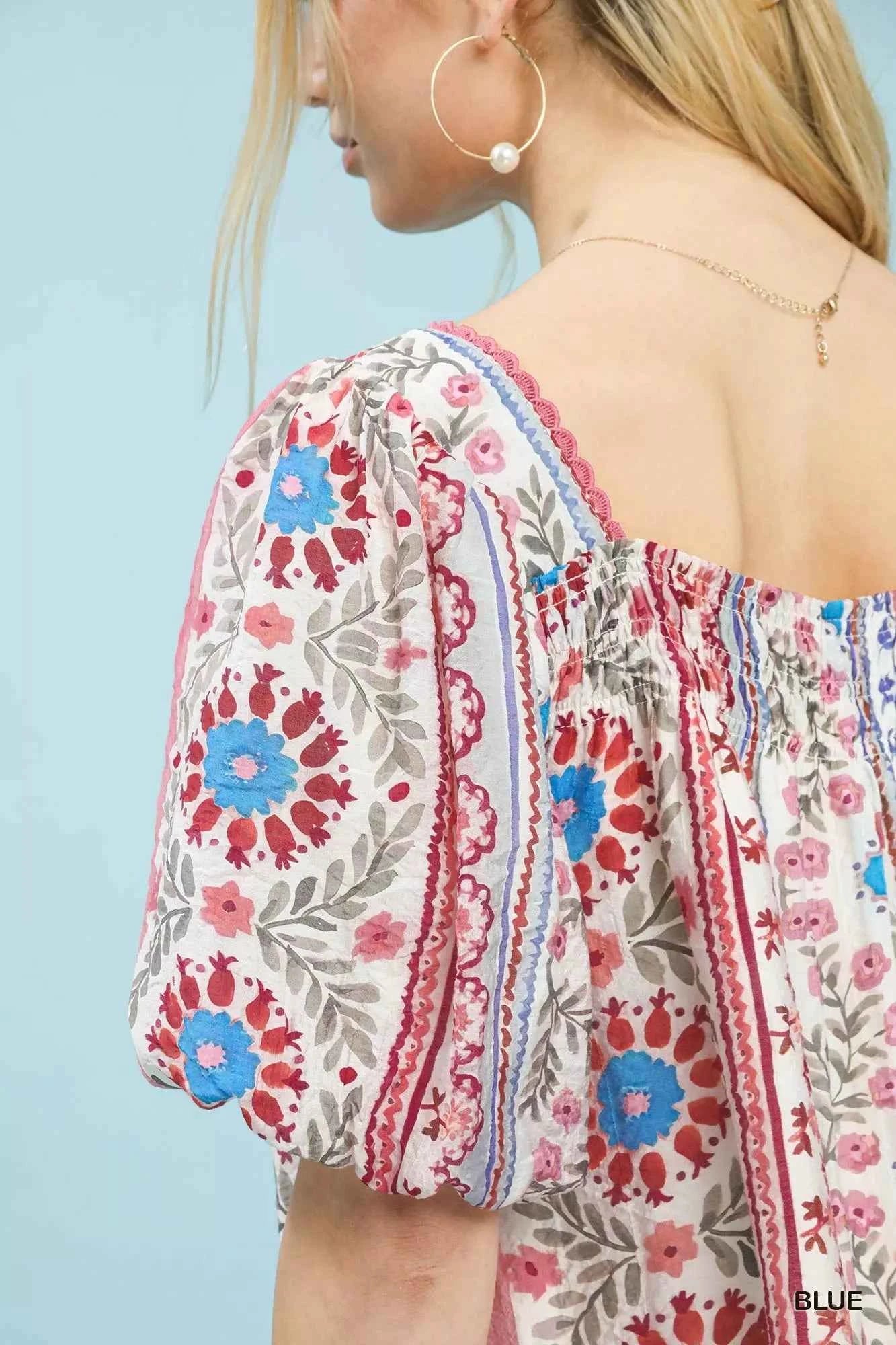 Umgee Mixed Print Puff Sleeve Mini Dress