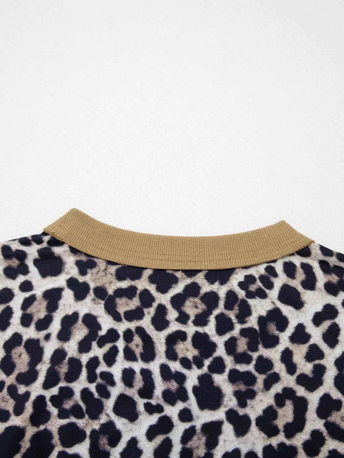 Leopard Print Color Block Round Neck Top