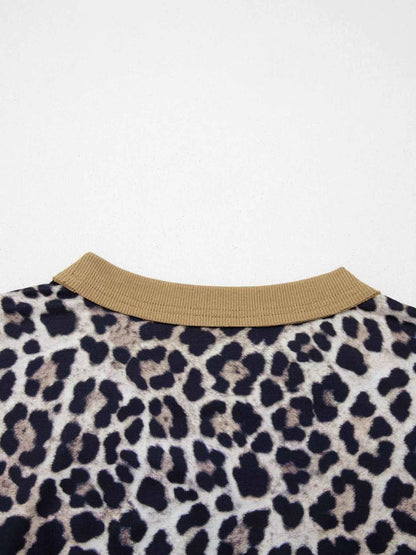 Leopard Print Color Block Round Neck Top