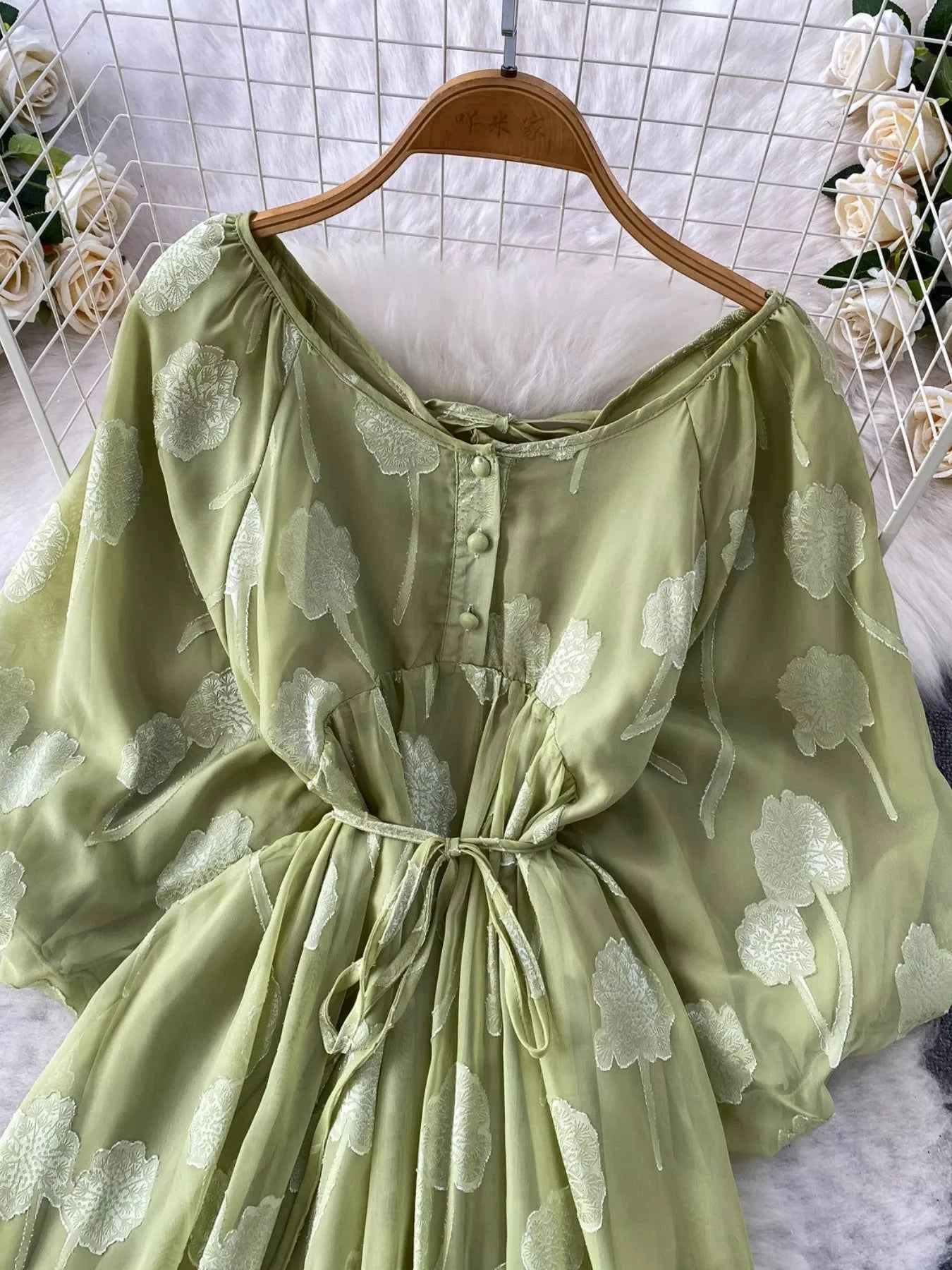 Button Front Puff Sleeve Chiffon Dress