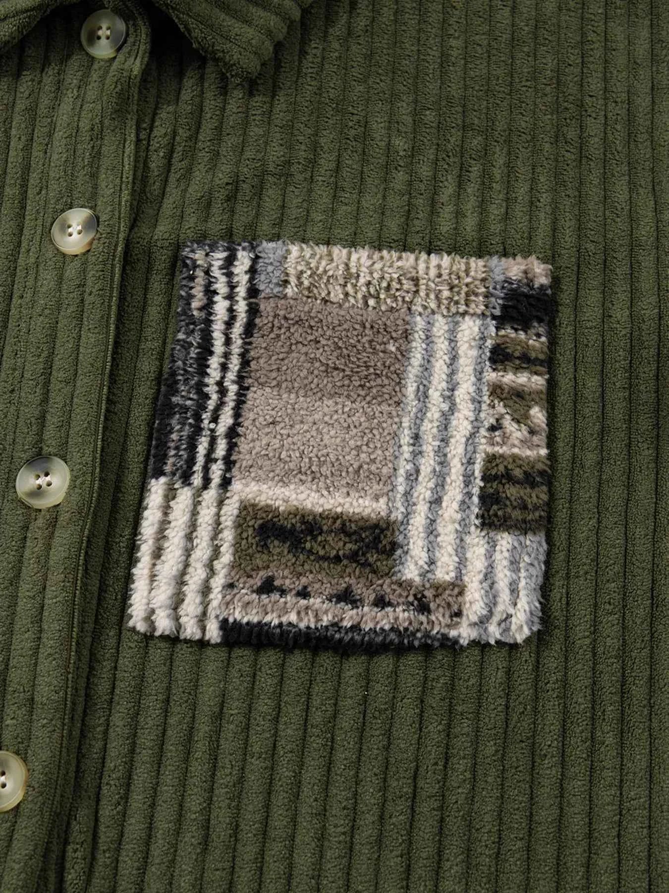 Ribbed Fleece Plaid Print Patchwork Button Up Jacket