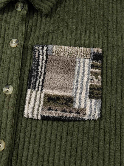 Ribbed Fleece Plaid Print Patchwork Button Up Jacket