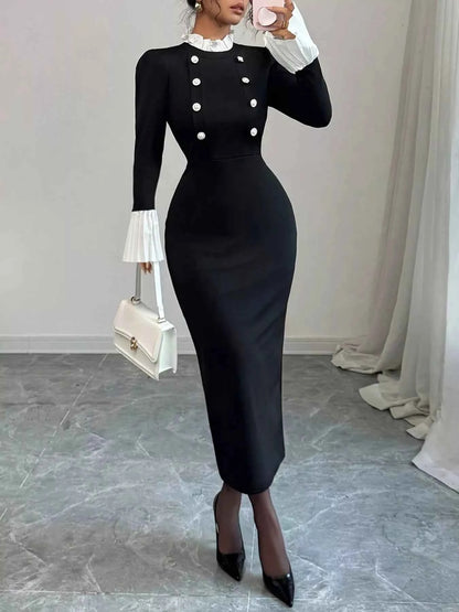 Two Tone Long Sleeve Midi Dress