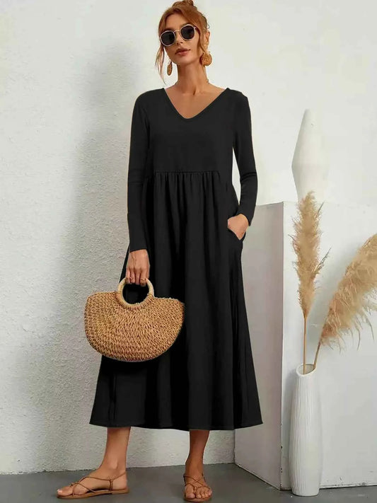 V-Neck Long Sleeve Pocketed Midi Dress