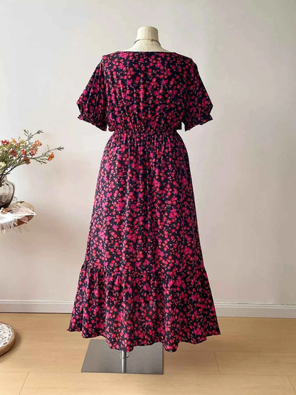 Plus Size Floral Square Neck Short Sleeve Dress