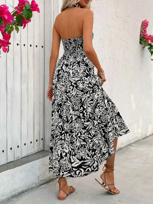 Perfee Backless Smocked Printed Sleeveless Midi Dress