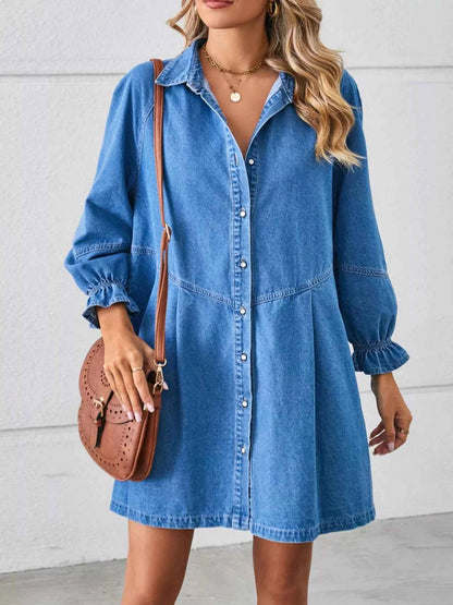 Button-Front Ruffle Cuff Denim Dress