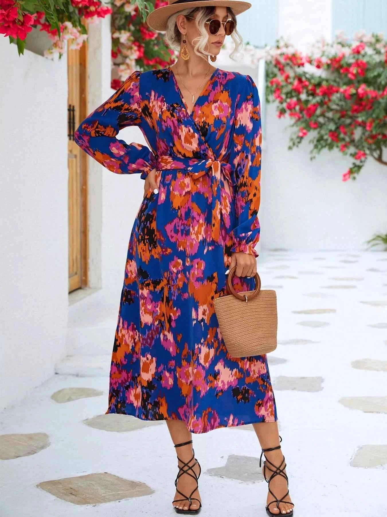 Printed Surplice Long Sleeve Midi Dress