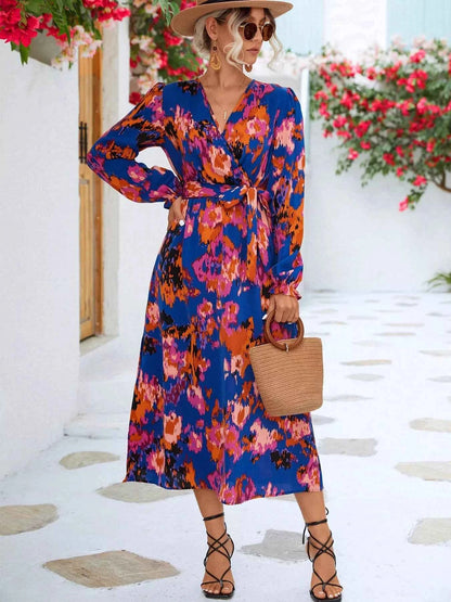 Printed Surplice Long Sleeve Midi Dress