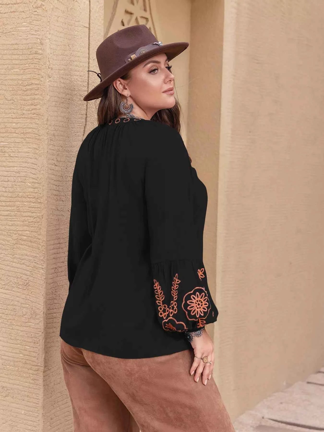 Plus Size Boho Embroidered Long Sleeve Blouse
