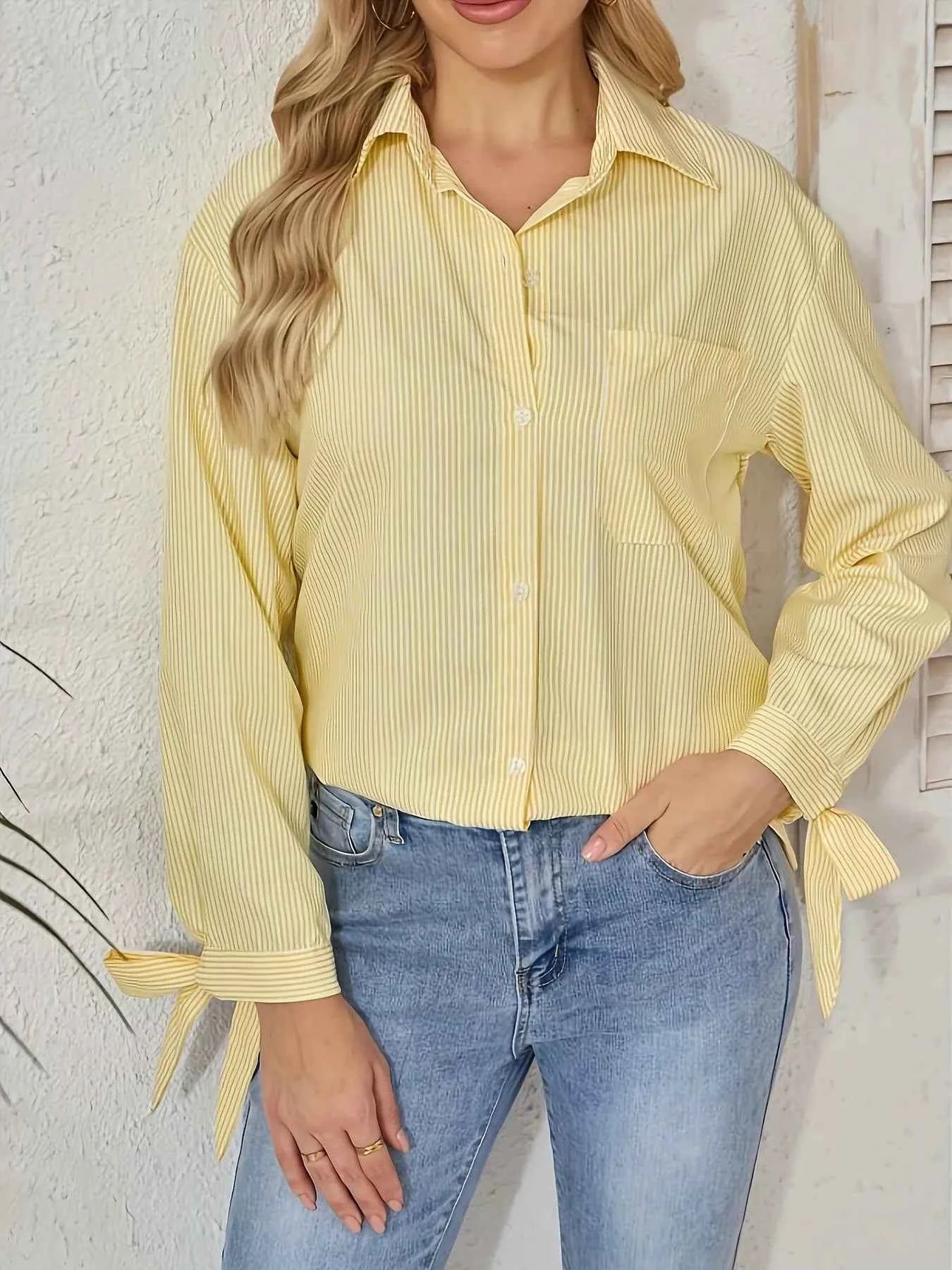 Striped Tie-Cuff Long Sleeve Shirt