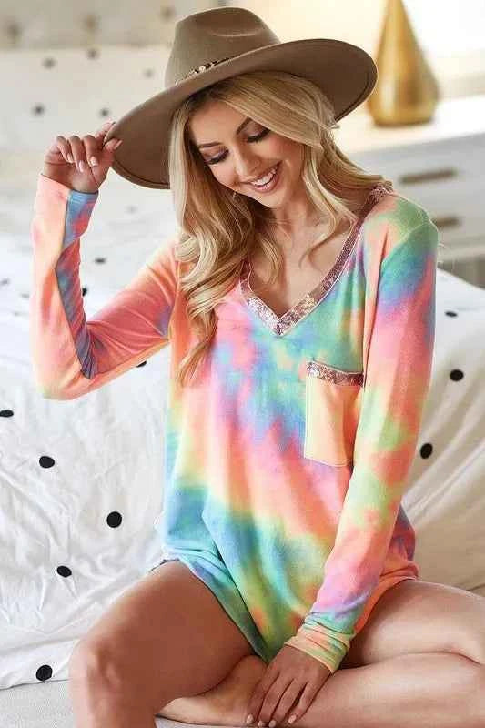BiBi Tie Dye V-neck Terry Knit Top With Sequins