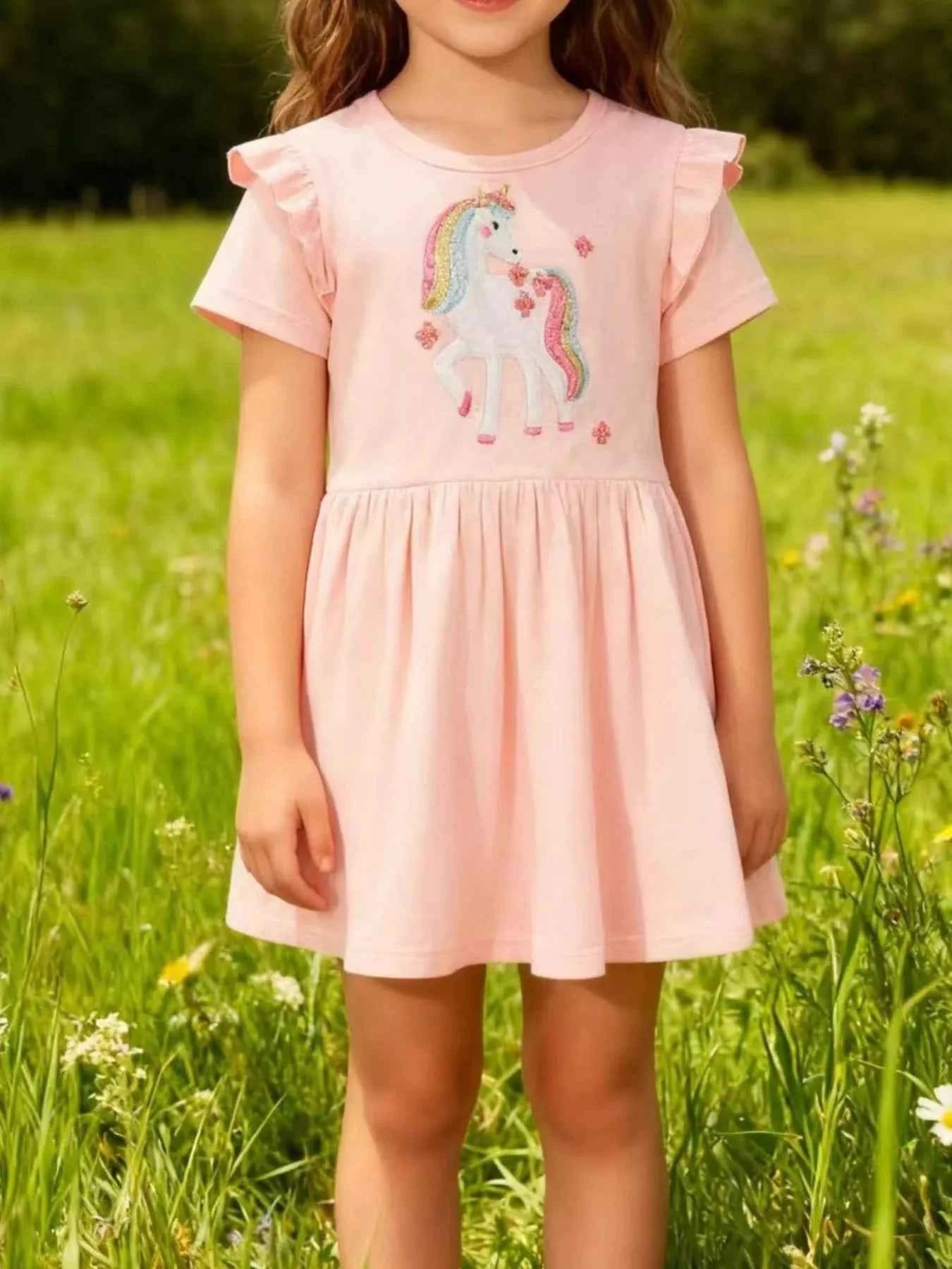 Children's Cute Unicorn Applique Ruffle Sleeve Dress