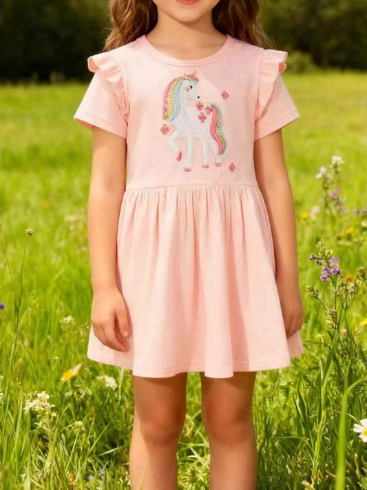 Children's Cute Unicorn Applique Ruffle Sleeve Dress