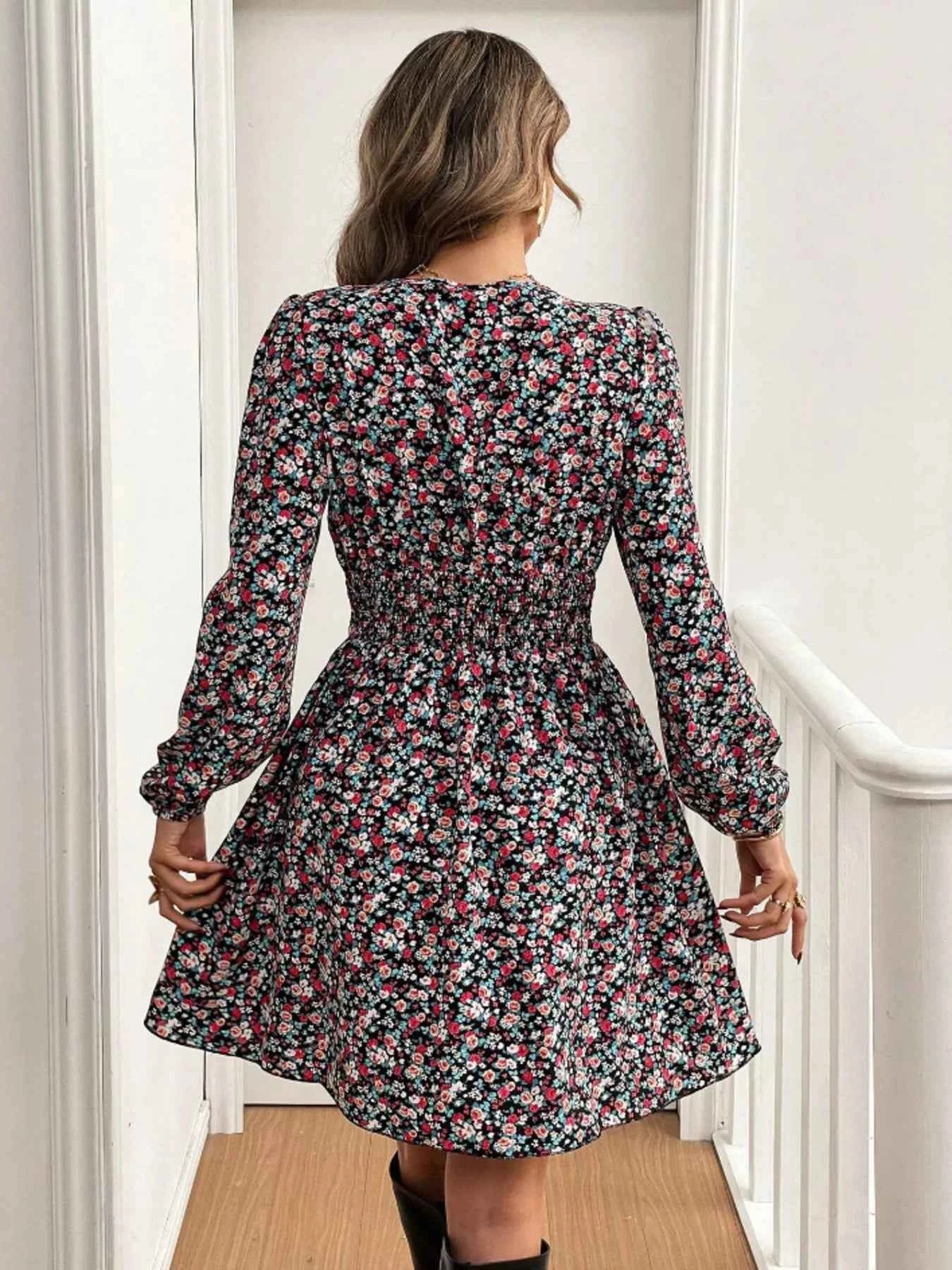 Printed Balloon Sleeve Mini Dress