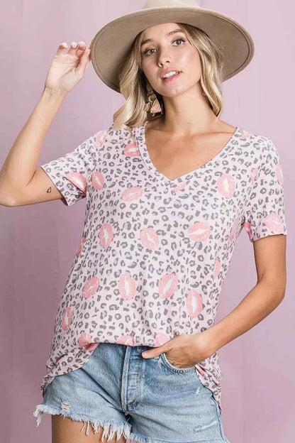 BiBi Leopard Lips Print Top V Neck Top