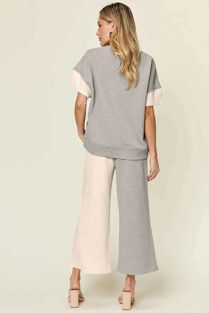 Double Take Full Size Texture Contrast T-Shirt and Wide Leg Pants Set