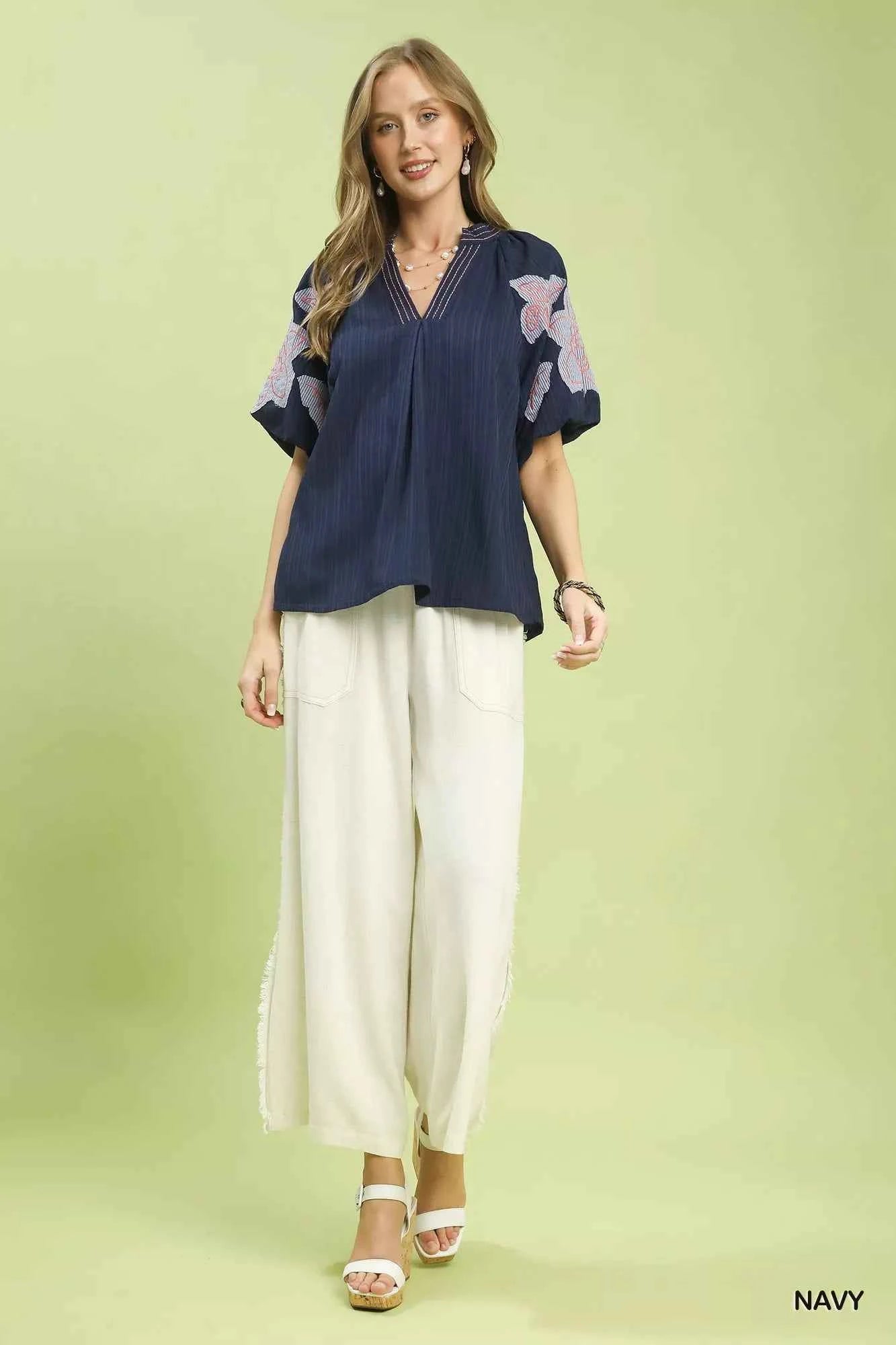 Umgee Embroidered Balloon Sleeve Notch Neck Blouse