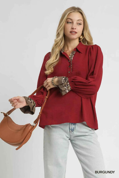 Umgee Half Button Blouse with Leopard Print Trim