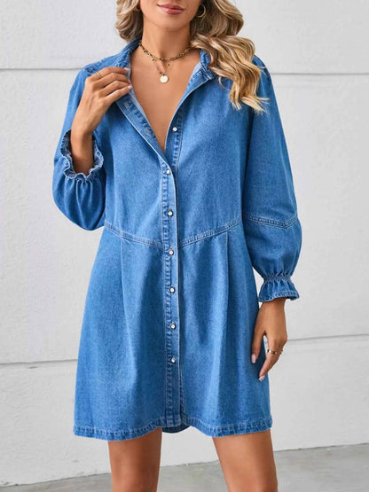 Button-Front Ruffle Cuff Denim Dress