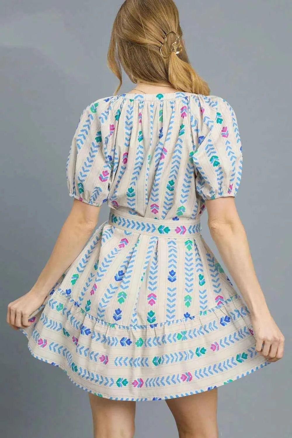 Umgee Printed Tie Waist Puff Short Sleeve Mini Dress