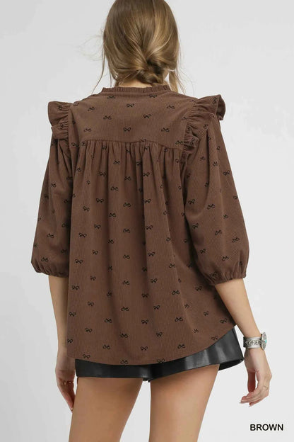 Umgee Bow Print Corduroy Puff Sleeve Blouse with Ruffled