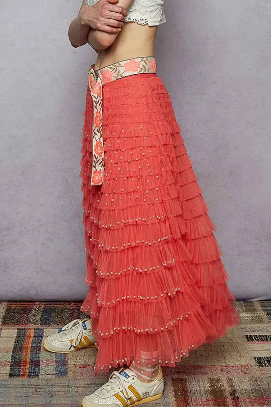 POL Tiered Ruffle Maxi Skirt with Pearl Decorative