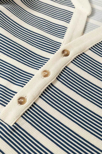 Stripe Ruffled Short Sleeve Contrast Trim Button Notched Neck Midi Dress
