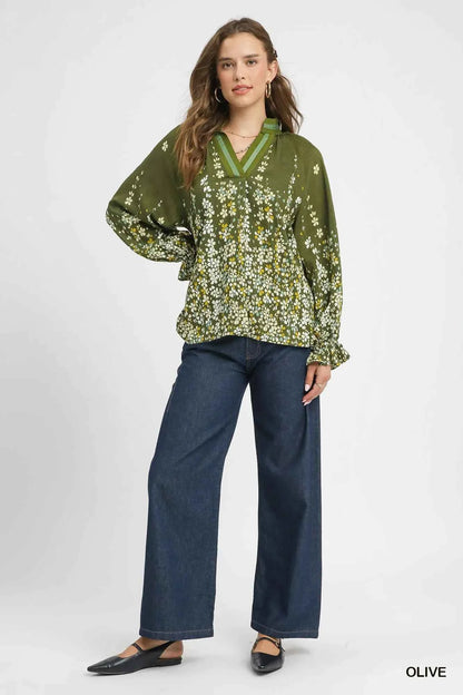 Umgee Floral Vine Print Blouse with Balloon Sleeves