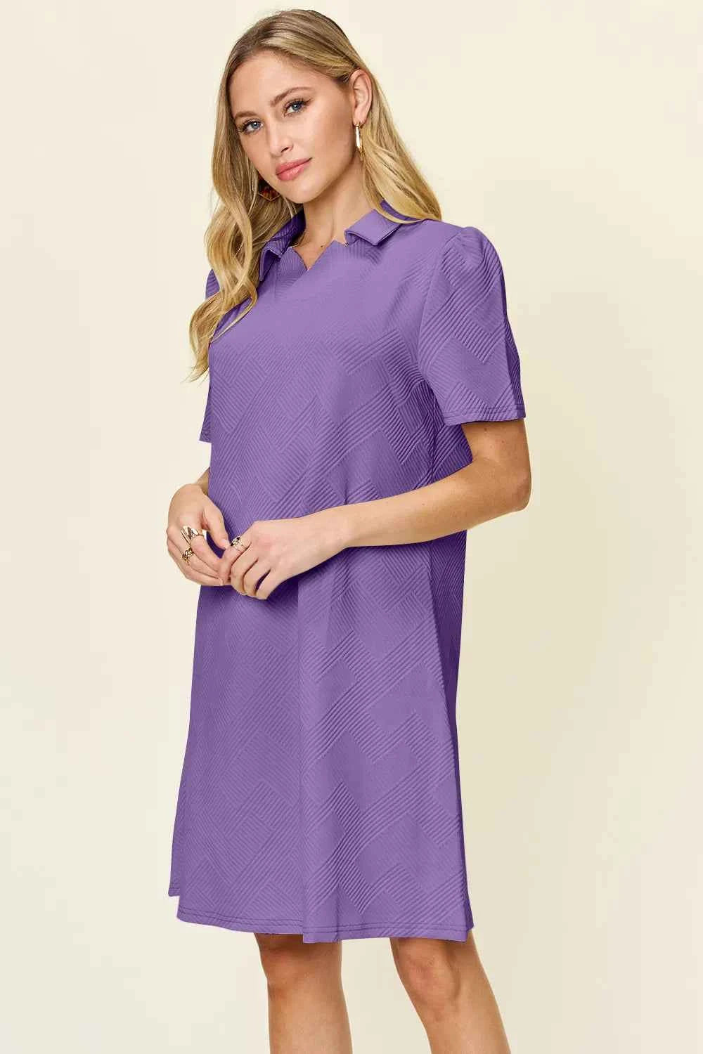 Double Take Full Size Texture Collared Neck Short Sleeve Dress